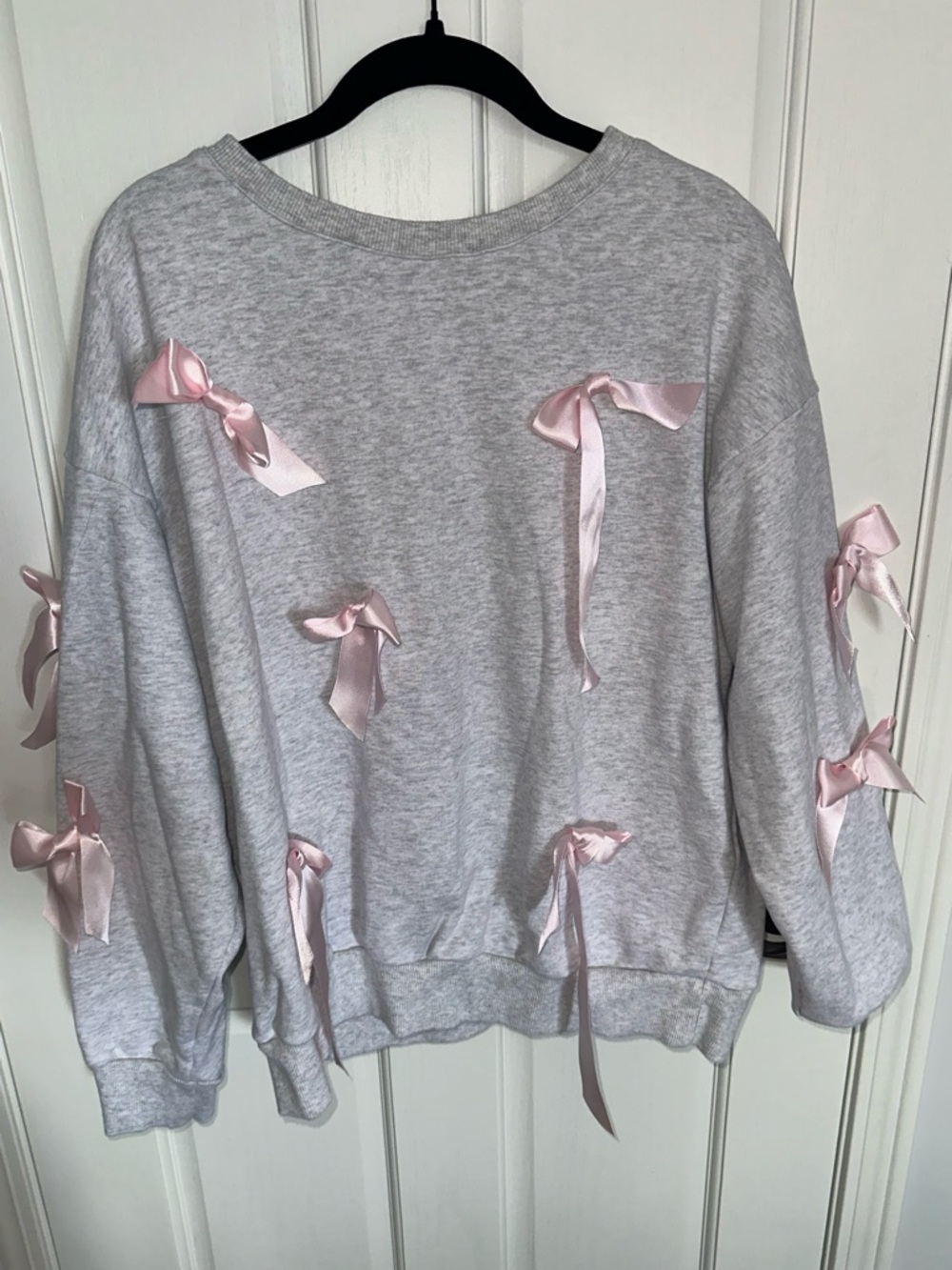 Light Gray Sweatshirt with Pink Satin Bows - Women Sweater